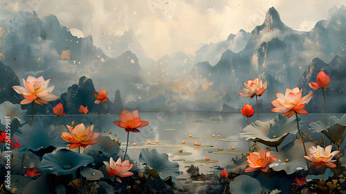 A digital painting of blooming lotus flowers on a tranquil pond with misty mountains and a serene sky