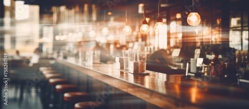 Vintage Filter Lends a Nostalgic Feel to Coffee Shop and Restaurant Interior Blurred by Abstract and Bokeh Effect