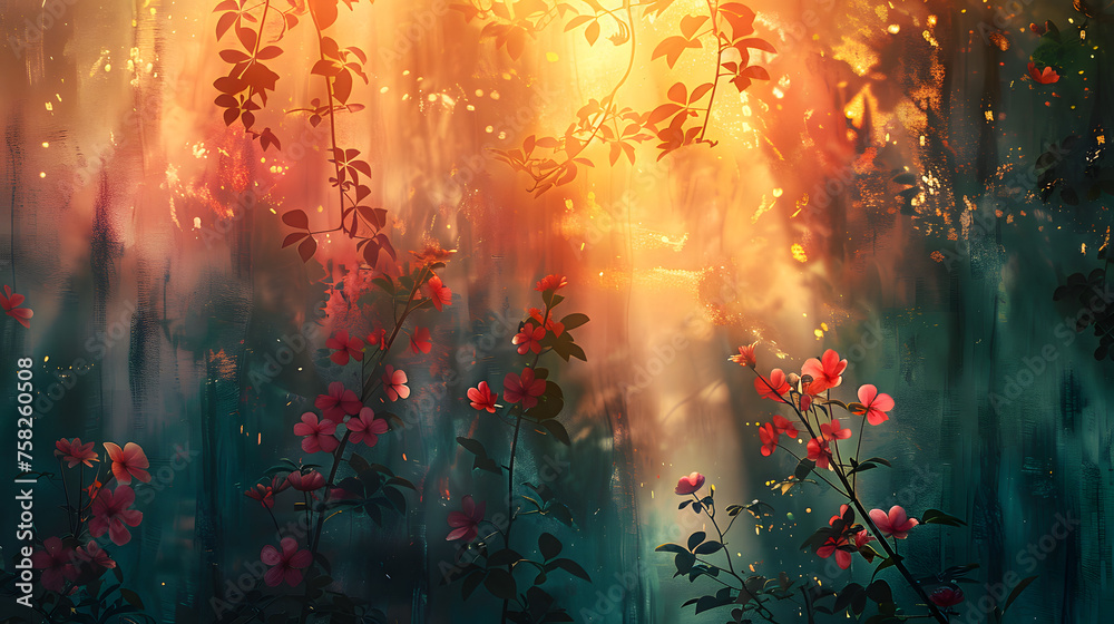 Sunlight filters through a dense floral forest, creating an ethereal and magical atmosphere