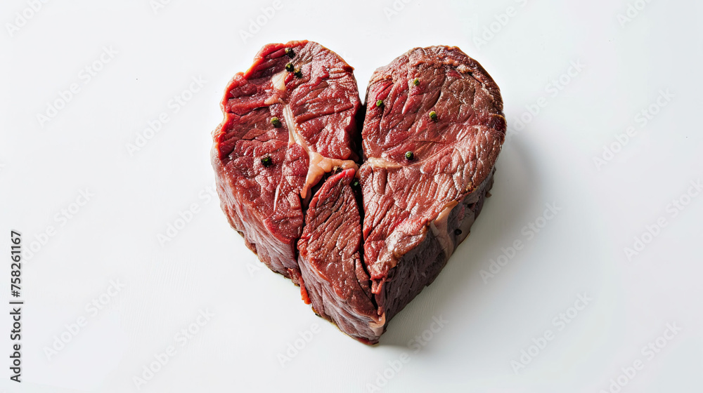 Obraz premium Beef steak in heart shape Isolated on white background