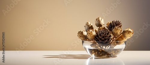Minimalistic arrangement of dried artichoke flowers in a circular glass vase for home decor. Reflecting the room s light interior with a round pot decoration.
