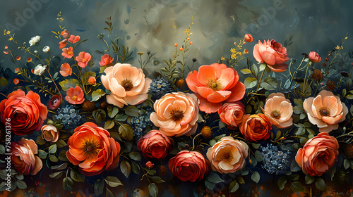 A charming still-life of vibrant red and pink flowers, capturing the delicate beauty of nature in a classic, timeless style