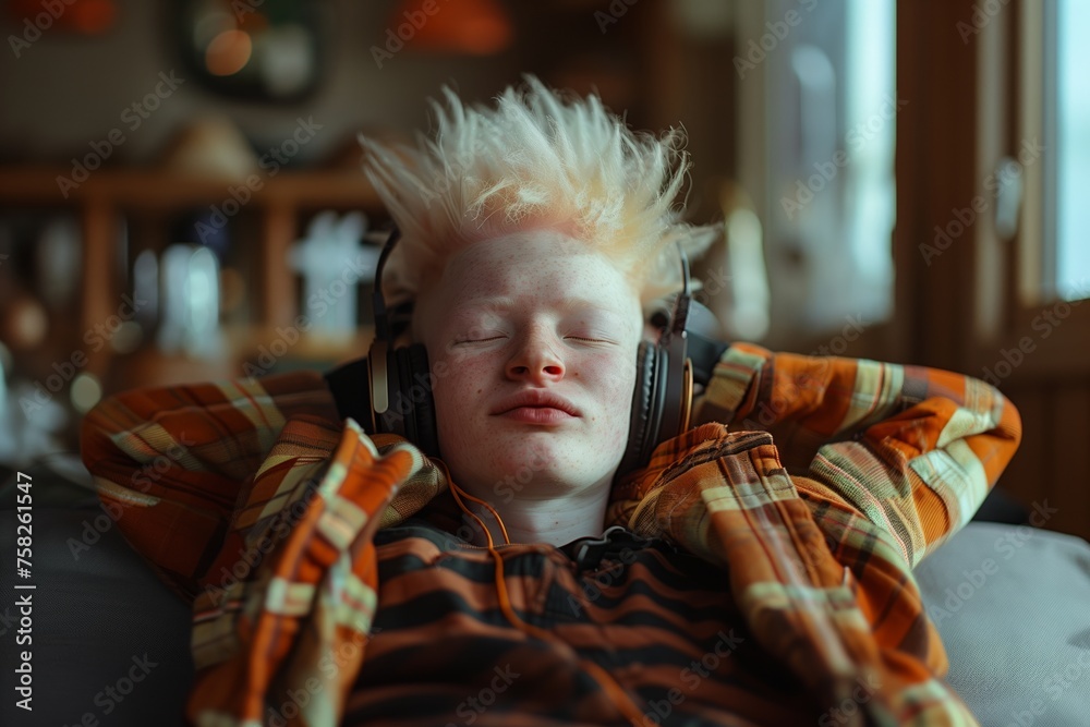 Youngster Enjoying Music in a Relaxed Indoor Setting Youngster Enjoying Music in a Relaxed Indoor Setting