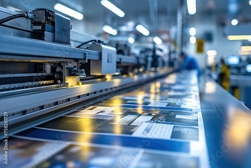 Close-up view of a printing production line creating vibrant materials in an industrial setting