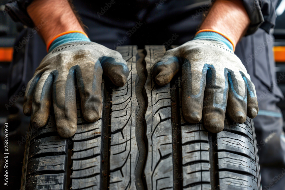 Car tire service and hands of mechanic holding new tyre on black background