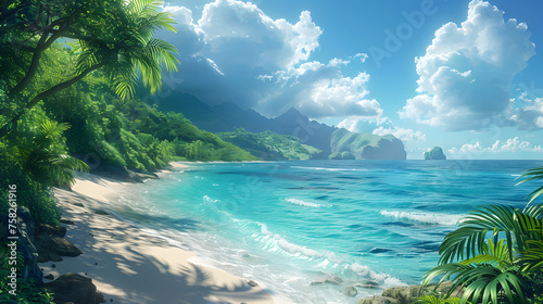 A breathtaking view of a pristine beach flanked by lush green foliage and towering mountains