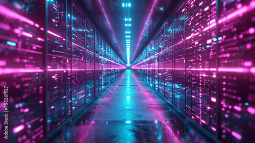A long hallway with neon lights and a blue and pink color scheme