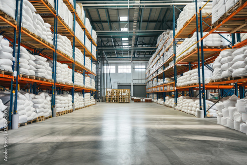 large warehouse with white bags and high storage racks photo