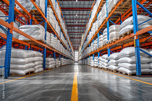 large warehouse with white bags and high storage racks photo