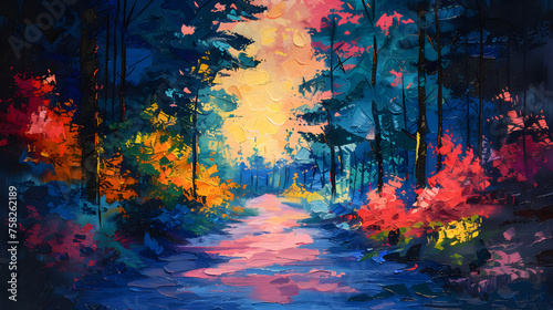 Vivid Impressionist style painting of a forest path  encapsulating the beauty of nature and the changing seasons