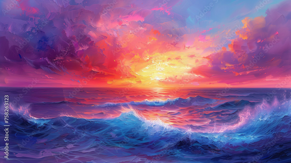 A painting of a sunset over the ocean with a splash of pink and purple
