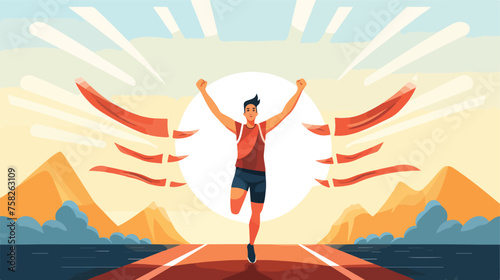 A runner crossing the finish line with arms raised