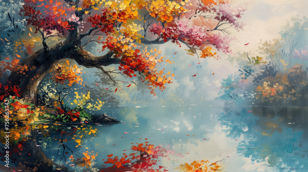 A painting of a tree with leaves in various colors A painting of a tree with leaves in various colors