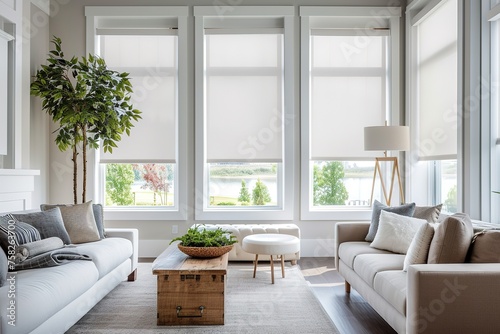 Interior roller blinds are installed in the living room, featuring white colored roller shades on the windows. Within the same room, there are also a houseplant and a sofa present. © Azar