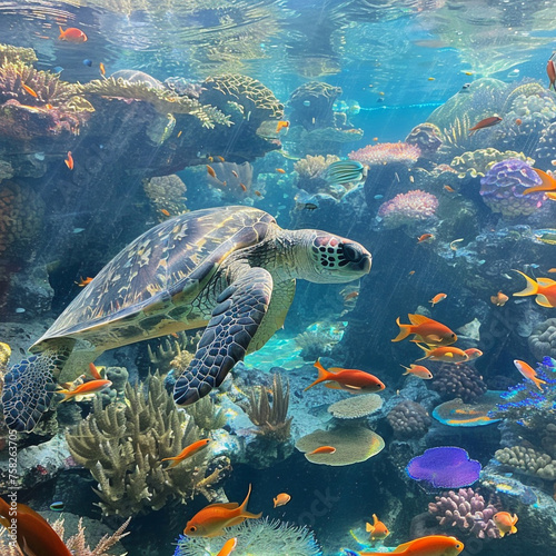 Large sea turtle swimming underwater, colorful corals and fish. Exotic, tropical summer clear warm water. 