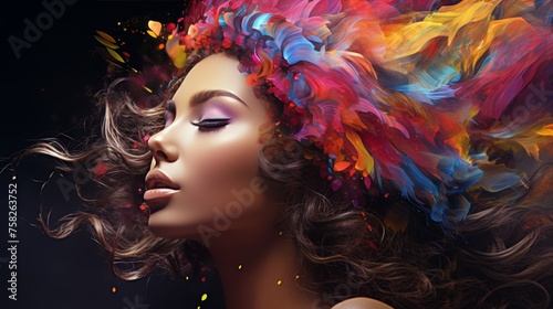 Beautiful abstract portrait of woman double exposure with colorful digital paint splash