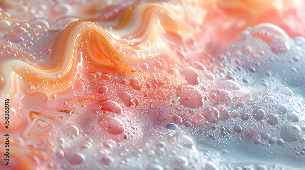 This vibrant image showcases fluid art with swirling colors and perfectly formed bubbles, offering an abstract representation of beauty This vibrant image showcases fluid art with swirling colors and perfectly formed bubbles, offering an abstract representation of beauty