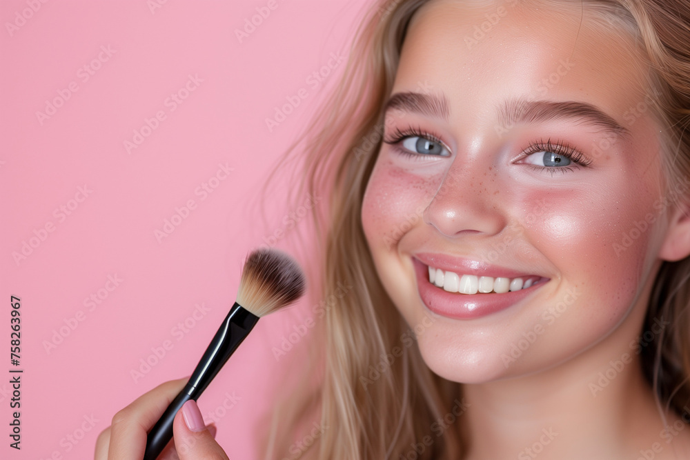 Beauty portrait of young woman (12 years old) with nice makeup on pink background Beauty portrait of young woman (12 years old) with nice makeup on pink background