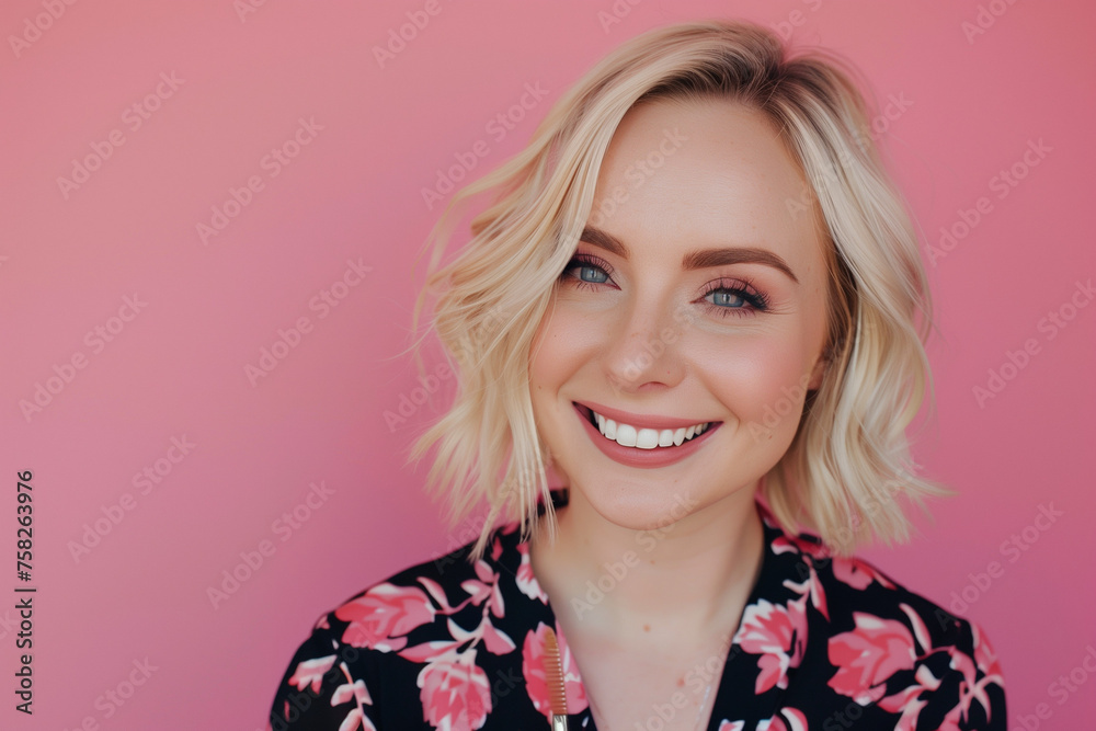 Beauty portrait of young woman (25 years old) with nice makeup on pink background Beauty portrait of young woman (25 years old) with nice makeup on pink background