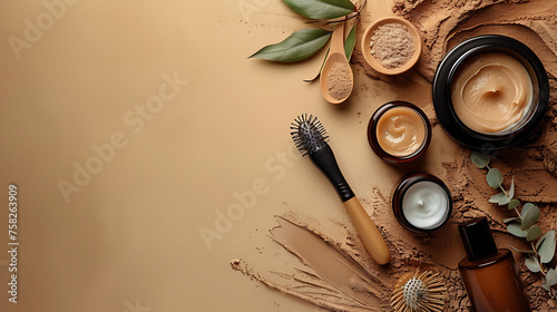 Natural skincare products with hairbrush on beige background. Organic beauty and wellness concept for design and print. Flat lay composition with copy space photo
