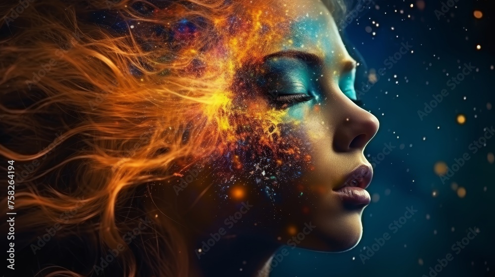 Beautiful fantasy double exposure portrait of woman with colorful digital paint splash