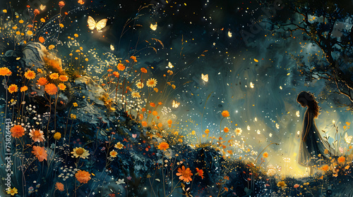 Enchanting image of butterflies and wildflowers on a starry night, evoking magic and serenity in an otherworldly landscape photo