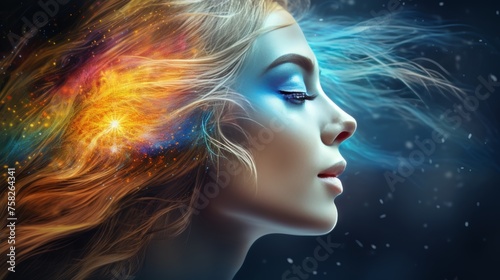 Colorful double exposure fantasy portrait of beautiful woman with digital paint and space nebula