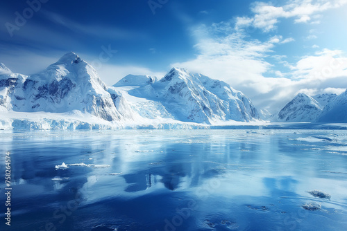 A serene glacier landscape with reflection on icy water