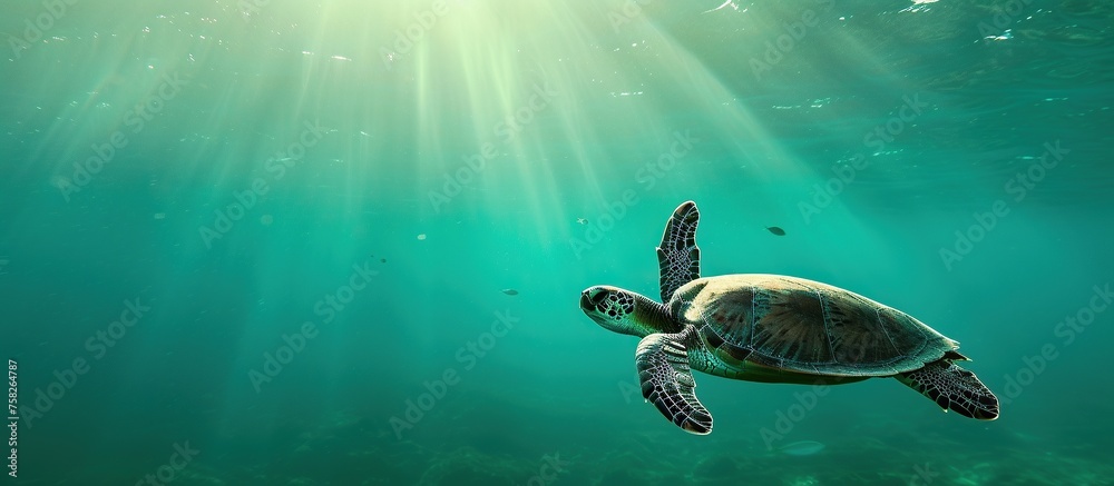 Obraz premium Turtles are swimming under sea water exposed to sunlight