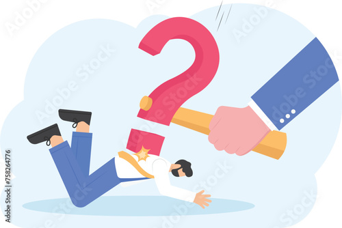 Hand hitting a question mark hammer on a businessman, illustration vector cartoon

