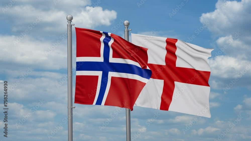 England and Norway two flags waving together, looped video, two country relations concept