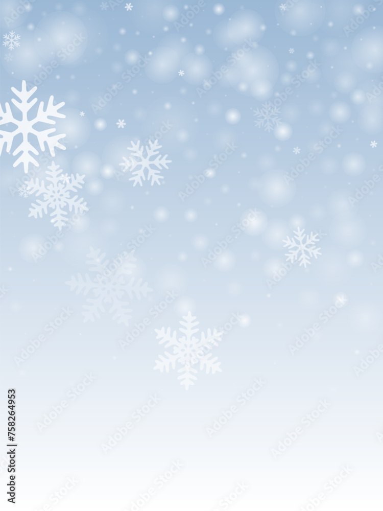 Simple flying snow flakes composition. Winter fleck freeze particles. Snowfall weather white blue illustration. Soft snowflakes christmas texture. Snow cold season scenery.