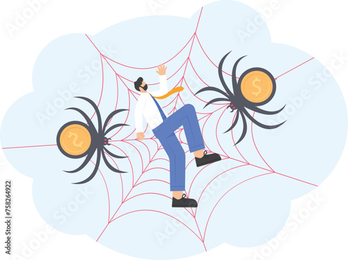 Businessman trapped on a spider web, illustration vector cartoon
