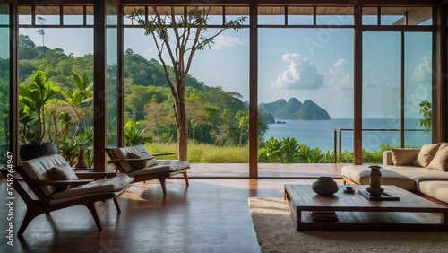 Vista interior de villa de lujo frente al mar en Tailandia con diseño moderno y naturaleza tropical. © Nautilus One