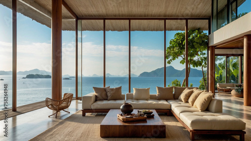 Sala de estar minimalista con vistas panorámicas al mar y montañas en villa de lujo, Tailandia.