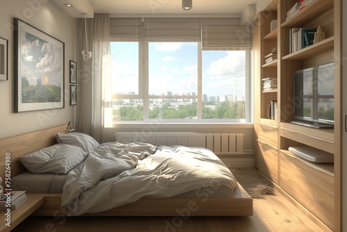 Modern bedroom, miminal interior design, window with simple curtains