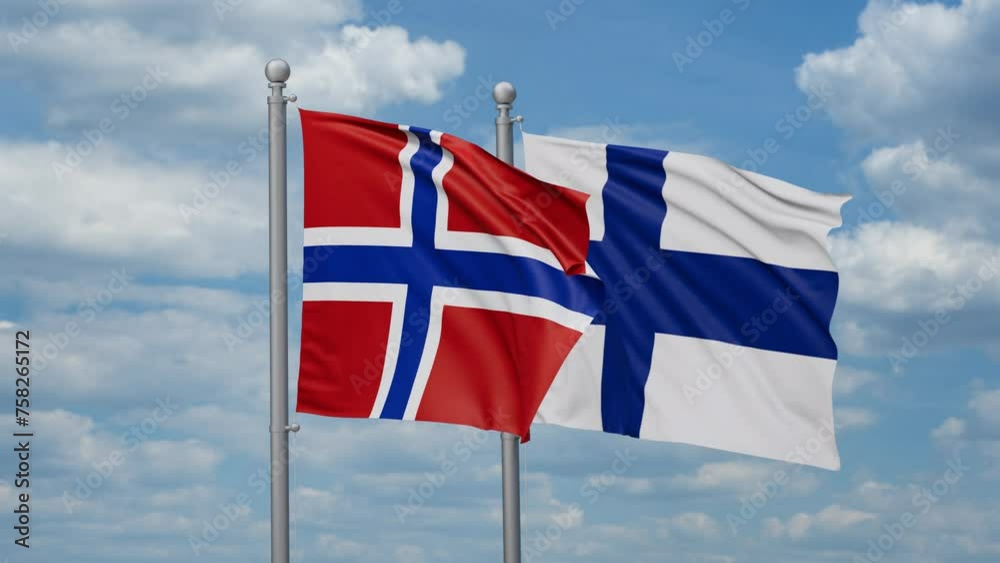 Finland and Norway two flags waving together, looped video, two country relations concept