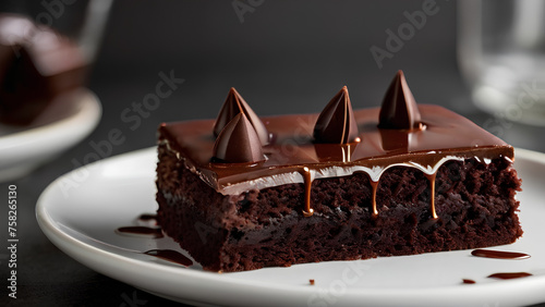 Captivating close-up of a generous slice of brownie cake on a plate, oozing with decadent chocolate sauce. Immerse yourself in the rich cocoa aroma and fudgy texture of this irresistible treat photo