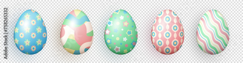 Set of three dimensional realistic colorful painted Easter eggs isolated on transparent background. Multicolored 3d eggs with various pattern as decoration element for Easter cards, banners, wallpaper