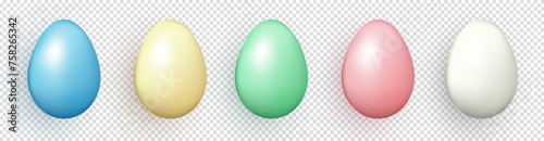 Collection of various pastel colored Easter eggs isolated on transparent background. 3d realistic blue, green, pink, yellow and white painted eggs for Easter holiday