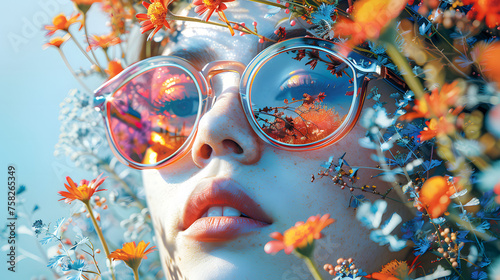Cool sunglasses reflecting an array of beautiful flowers and calm blue sky