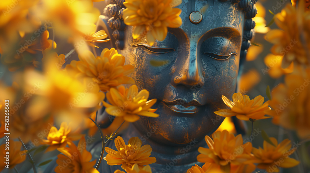 Serenity Buddha Statue Surrounded by Yellow Flowers. Zen Buddhism. Serenity Buddha Statue Surrounded by Yellow Flowers. Zen Buddhism.