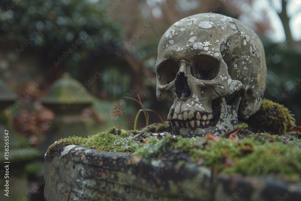 skull statue in an overgrown grave yard skull statue in an overgrown grave yard