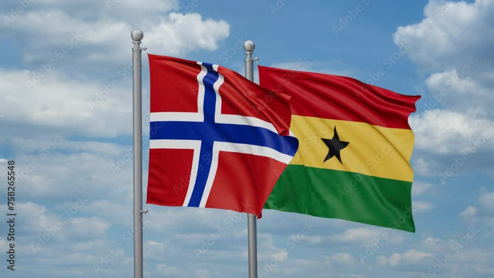 Ghana and Norway two flags waving together, looped video, two country relations concept Ghana and Norway two flags waving together, looped video, two country relations concept