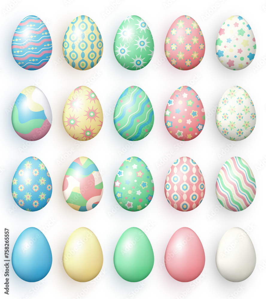 Big collection of various colorful three dimensional Easter eggs isolated on transparent background. Realistic 3d multicolored eggs with different patterns as a decoration for Easter holiday