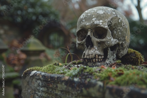 skull statue in an overgrown grave yard © StockUp