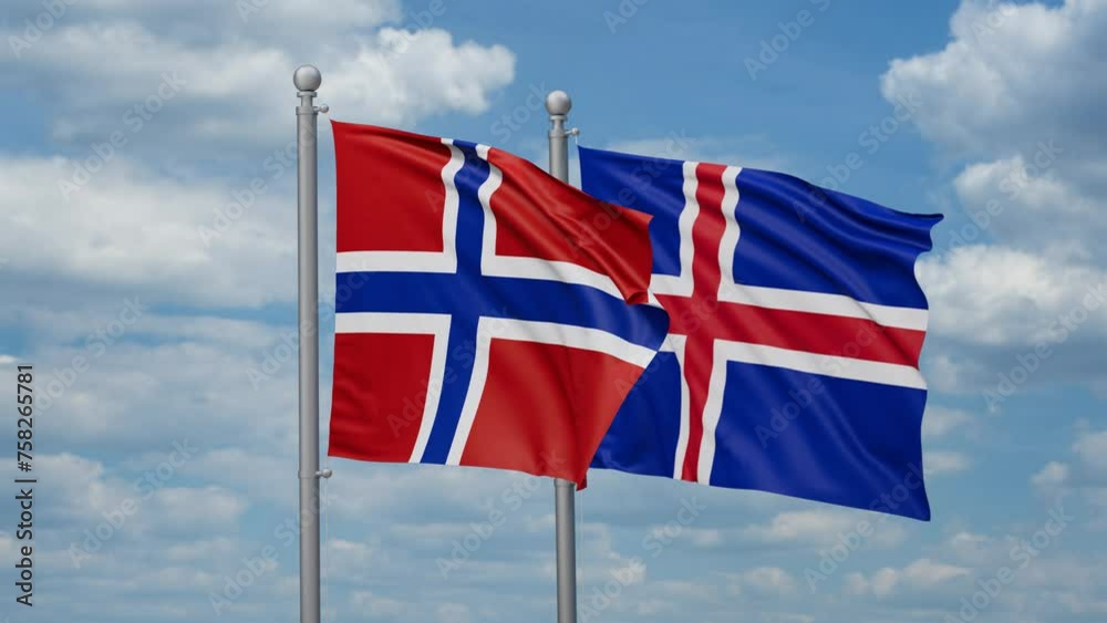 Iceland and Norway two flags waving together, looped video, two country cooperation concept Iceland and Norway two flags waving together, looped video, two country cooperation concept