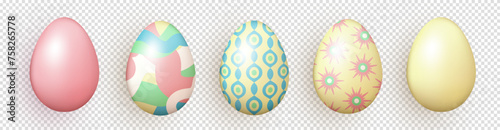 Set of three dimensional realistic colorful painted Easter eggs isolated on transparent background. Multicolored 3d eggs with various pattern as decoration element for Easter cards, banners, wallpaper
