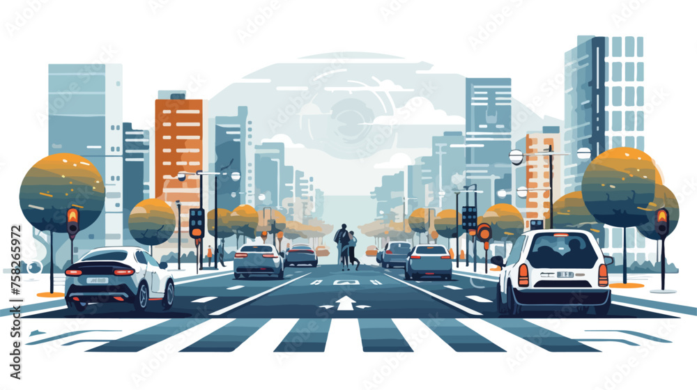 A self-driving car navigating a busy city street wi - obrazy, fototapety, plakaty 