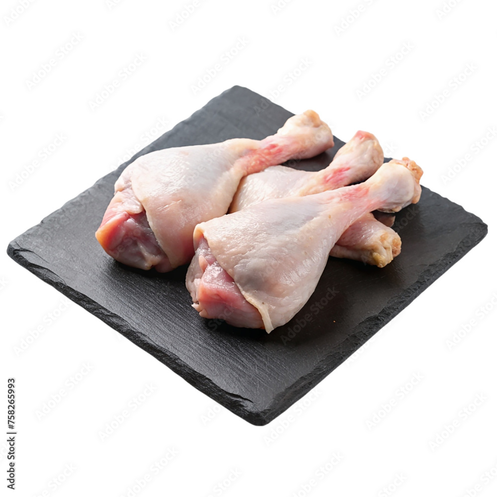 Raw chicken legs on black slate plate, isolated on transparent background.